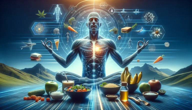 Un'immagine che rappresenta il concetto di biohacking, con elementi di nutrizione, meditazione e movimento.