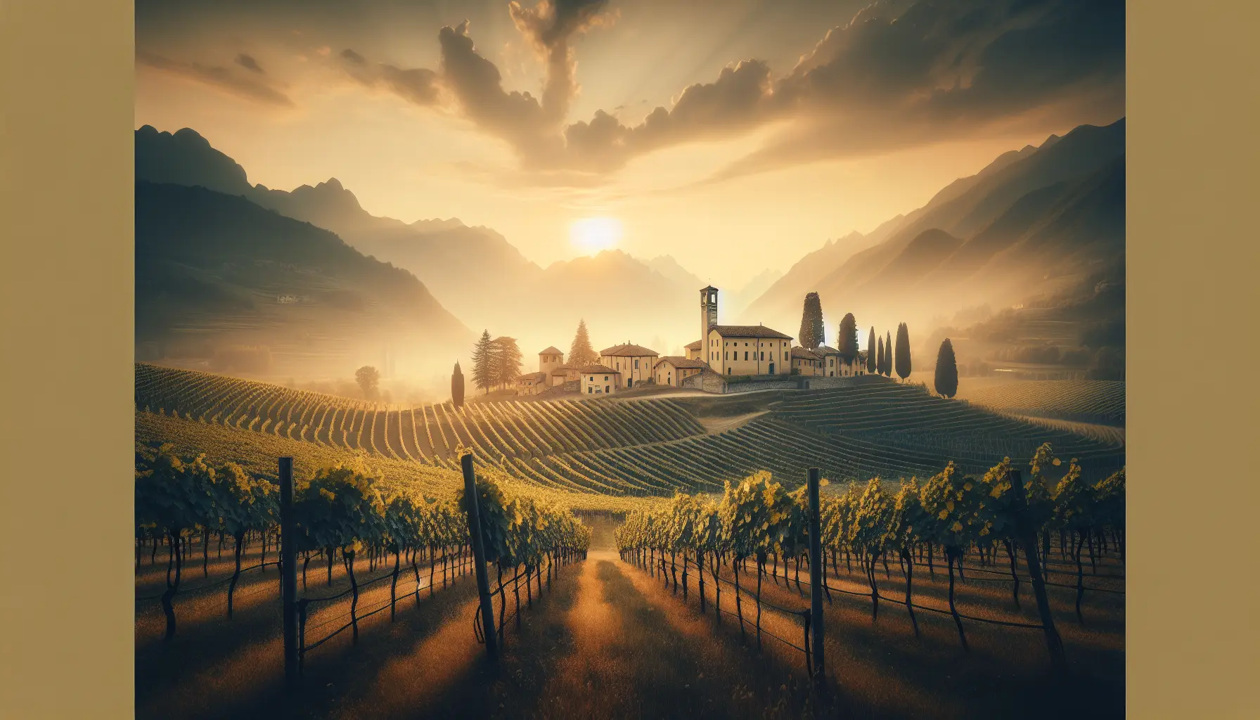 Vineyards in Franciacorta with sparkling wine bottles and beautiful landscape.