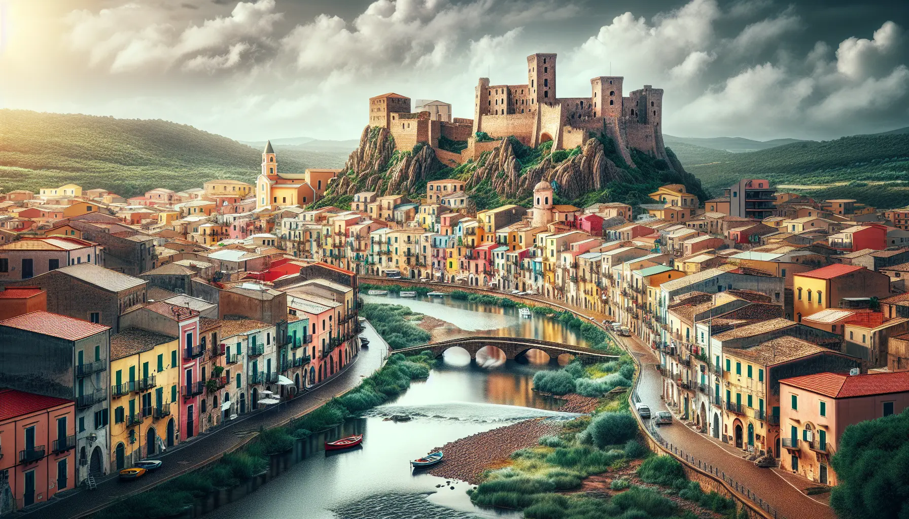 Vista panoramica di Bosa con il fiume Temo e le case colorate sullo sfondo.