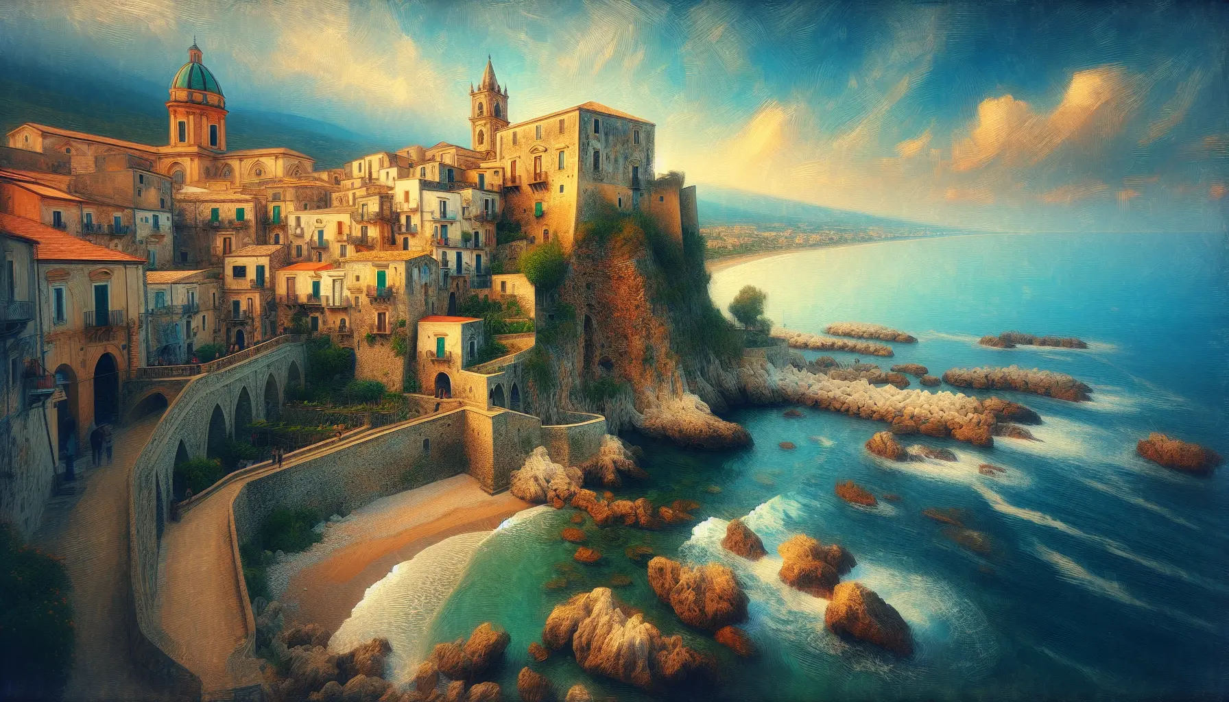 Vista panoramica di Castellabate con il mare e le colline sullo sfondo