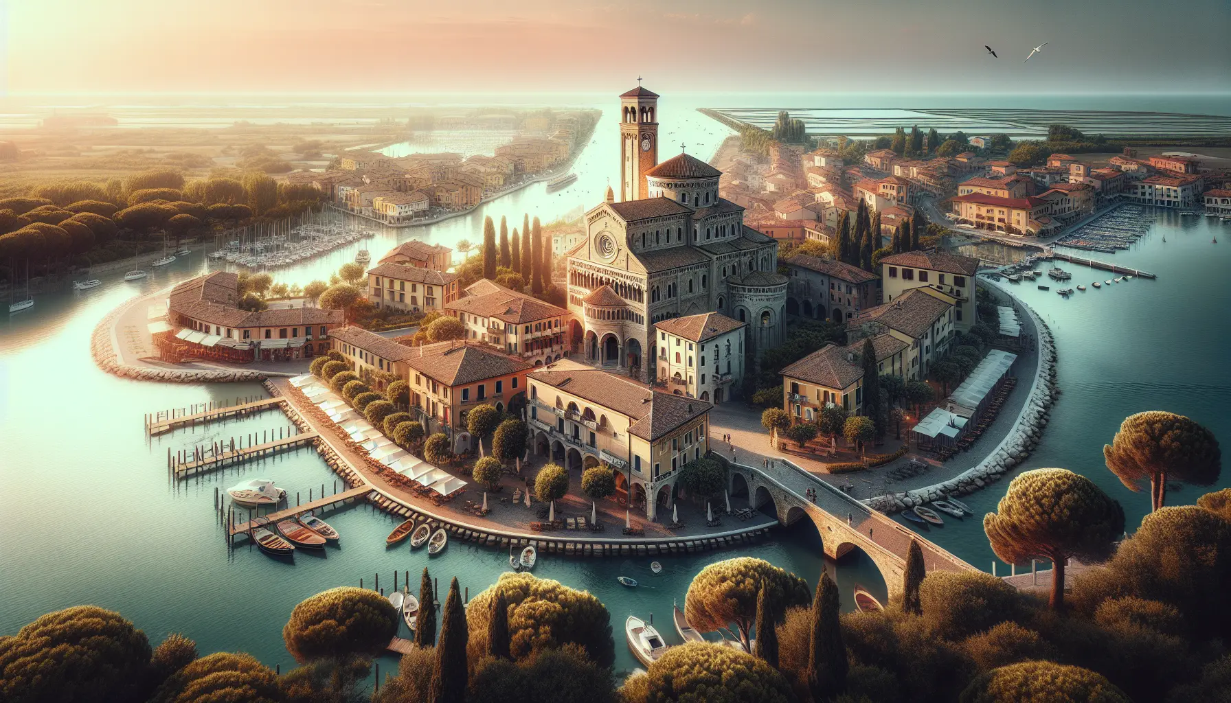 Vista panoramica delle saline di Cervia al tramonto, con il cielo che si tinge di colori caldi e le acque che riflettono la bellezza del paesaggio.