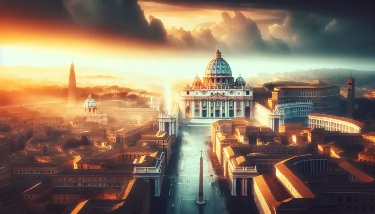 Vista panoramica della Basilica di San Pietro con il suo maestoso campanile e la cupola, simbolo della Città del Vaticano.