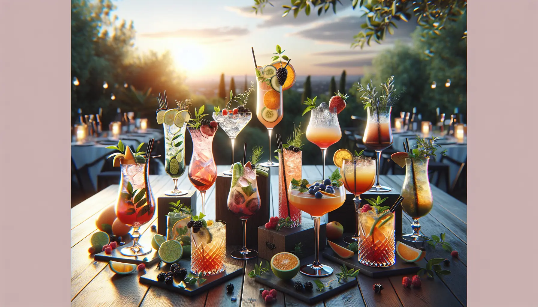 Cocktail analcolici gourmet presentati in eleganti bicchieri con decorazioni di frutta e erbe fresche.