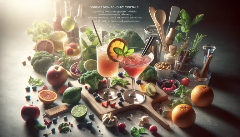 Un cocktail analcolico gourmet servito in un bicchiere elegante, decorato con frutta fresca e erbe aromatiche.