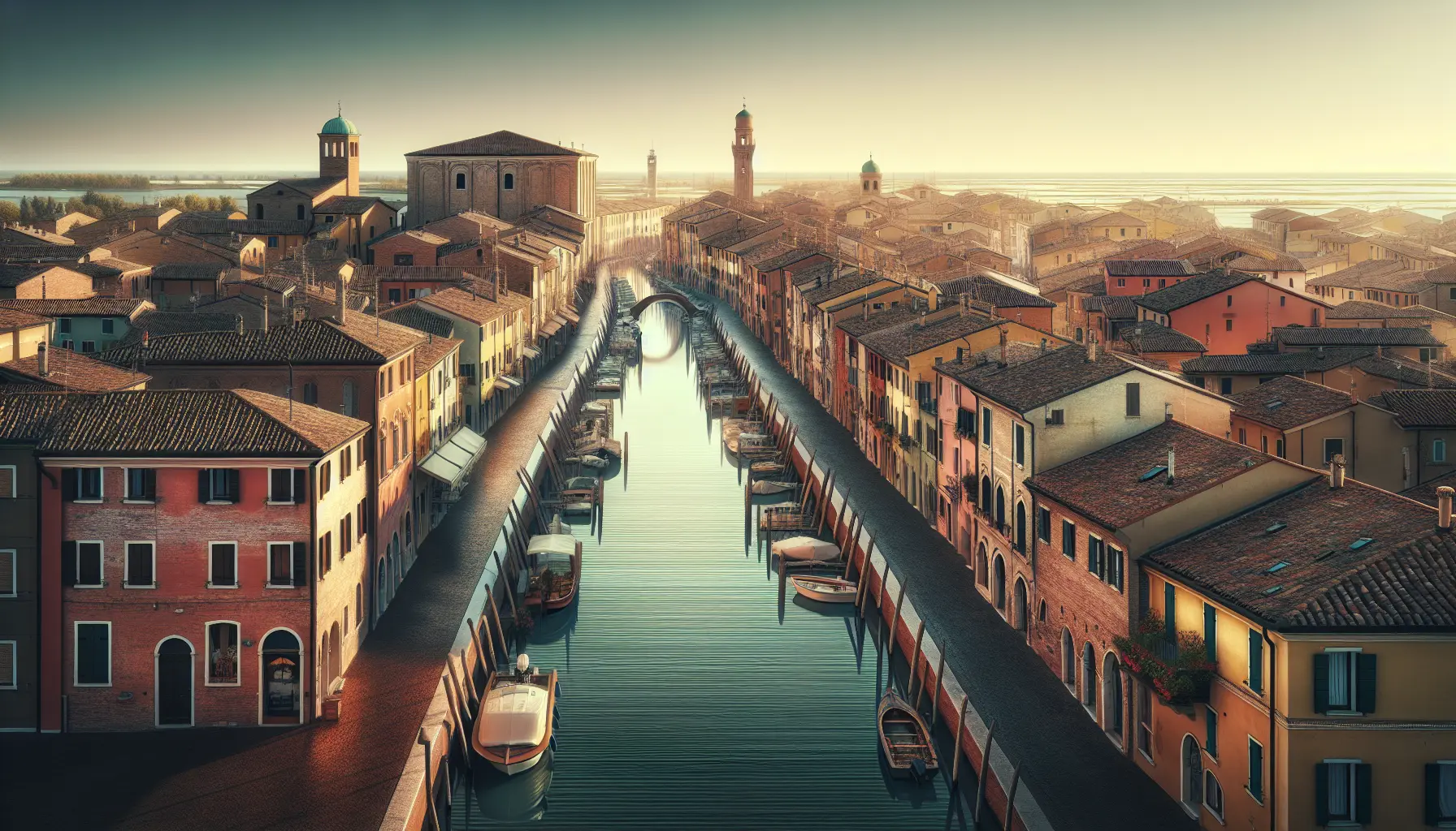Vista panoramica dei canali di Comacchio con ponti storici e case colorate