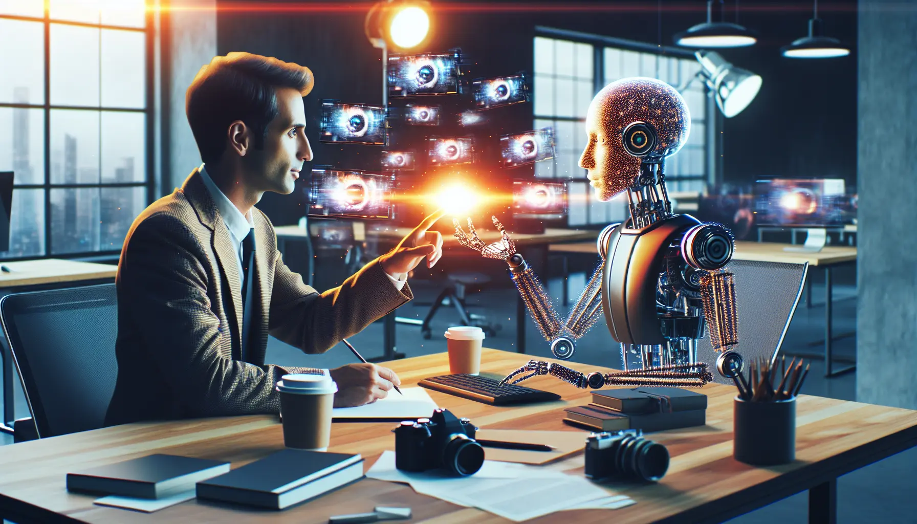 Un artista al lavoro con l'assistenza della tecnologia AI, esplorando nuove forme di espressione creativa.
