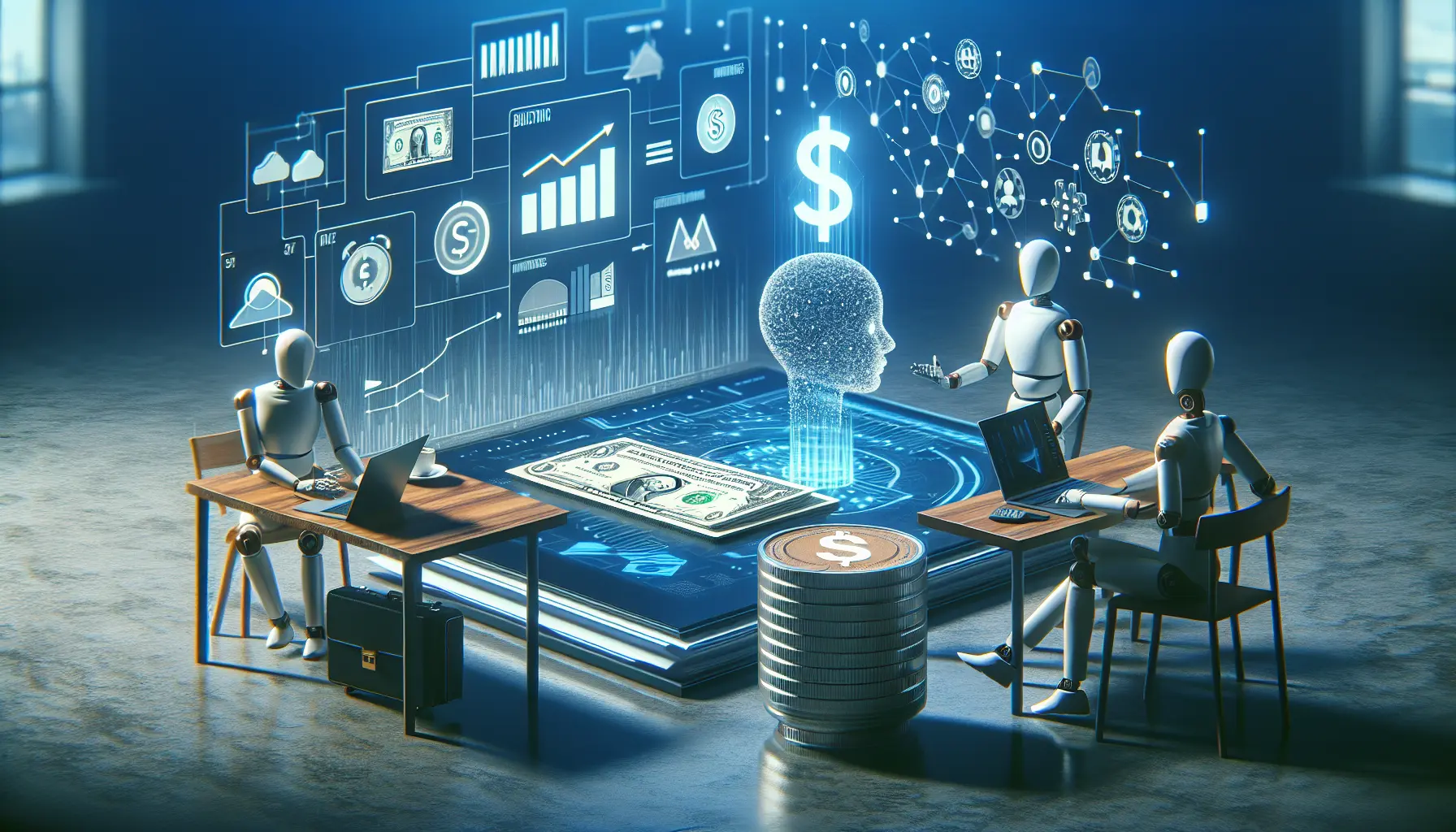 Un'immagine che rappresenta l'interazione tra intelligenza artificiale e gestione del denaro, con grafici e simboli finanziari.