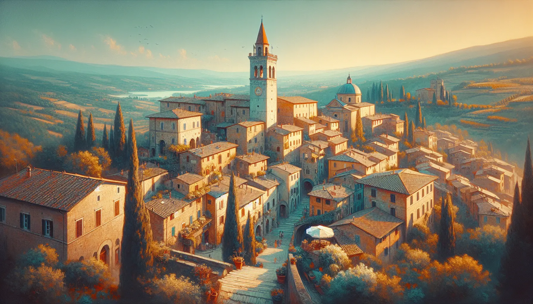 Vista panoramica di Cortona con le sue storiche architetture e il paesaggio toscano sullo sfondo.