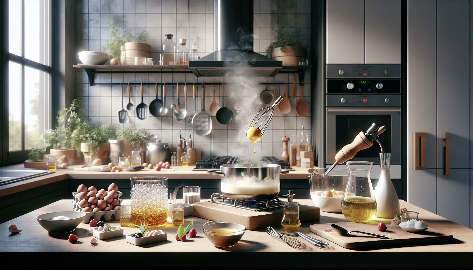 Un piatto di cucina molecolare con sfere di succo di frutta e schiuma aromatizzata