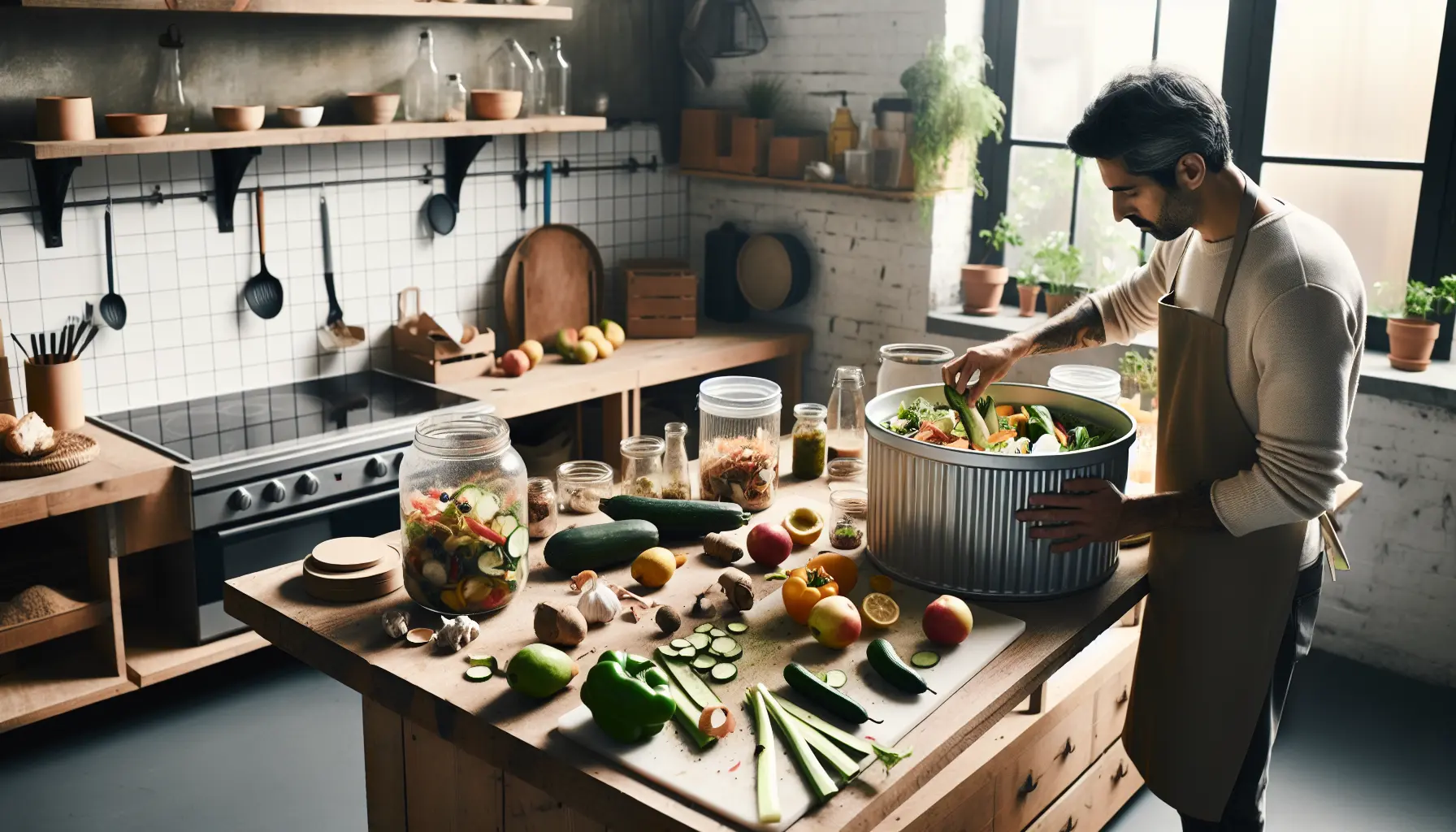 Ingredienti freschi e scarti di verdure su un tavolo da cucina, simbolo della cucina zero waste.