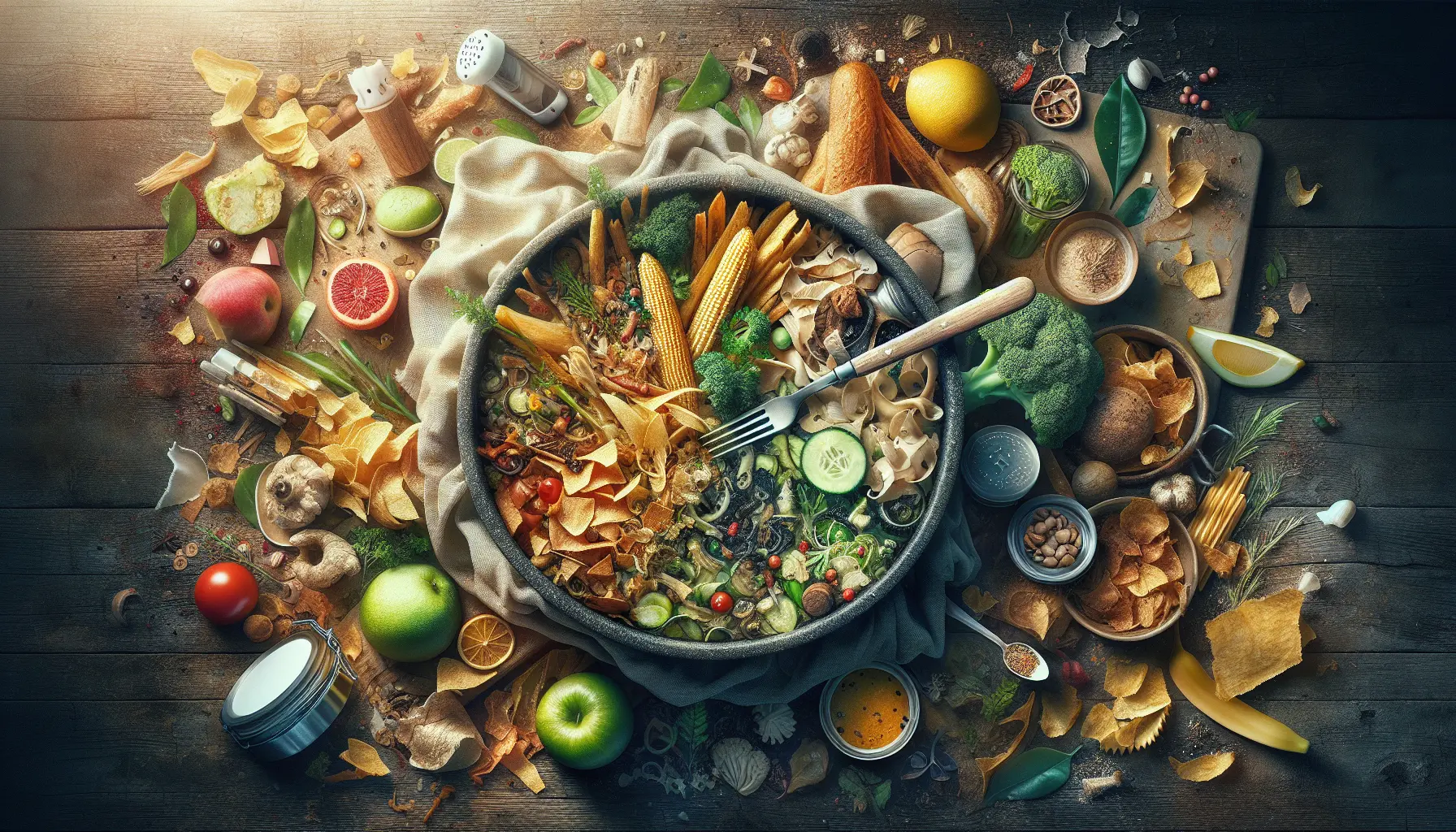 Un piatto colorato e creativo preparato con avanzi e scarti alimentari, rappresentando la filosofia della cucina zero sprechi.