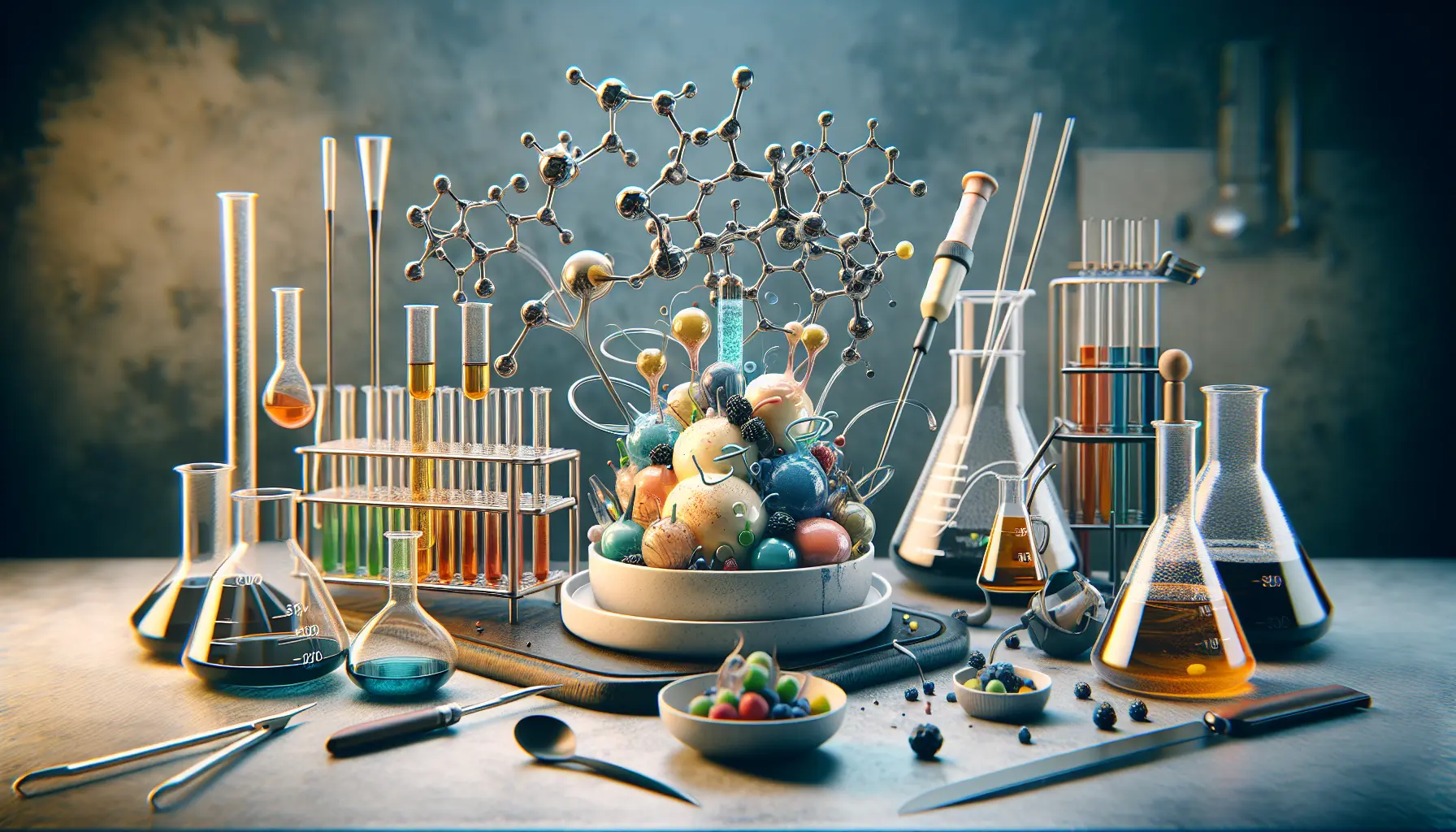 Esempio di piatto di cucina molecolare con sferificazione e gelatine colorate