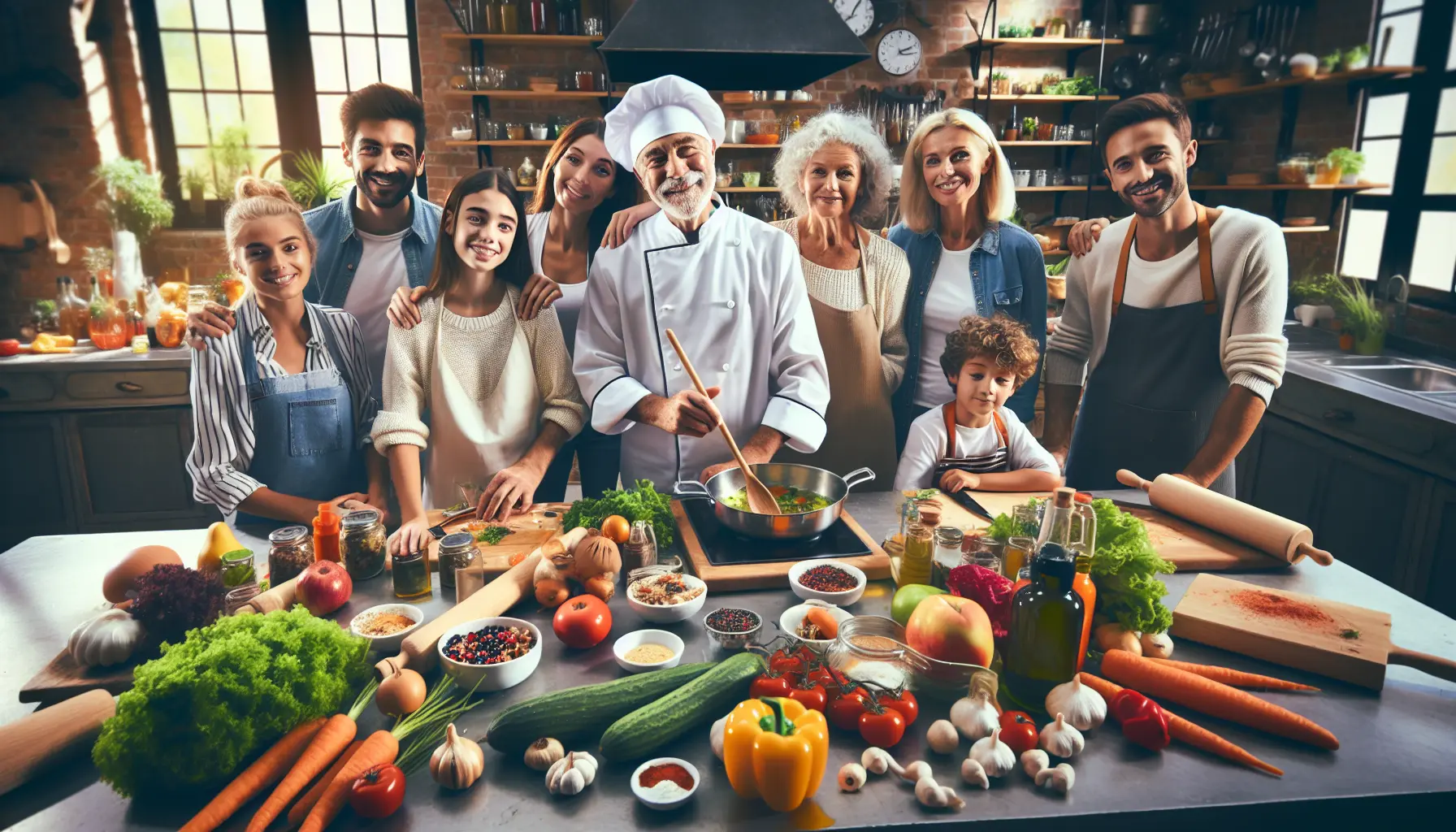 Famiglia che cucina insieme a uno chef locale in un ambiente accogliente e tradizionale.