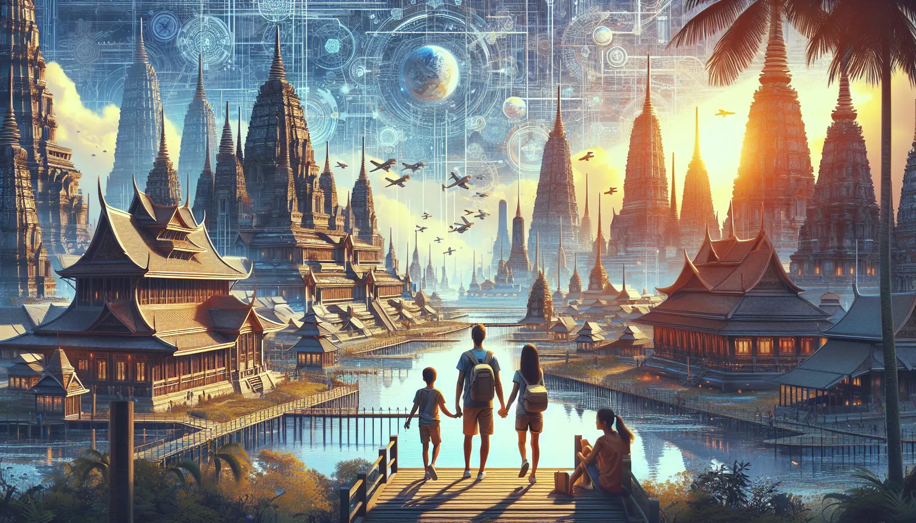 Famiglia in viaggio in una destinazione sostenibile, circondata dalla natura e dalla cultura locale.