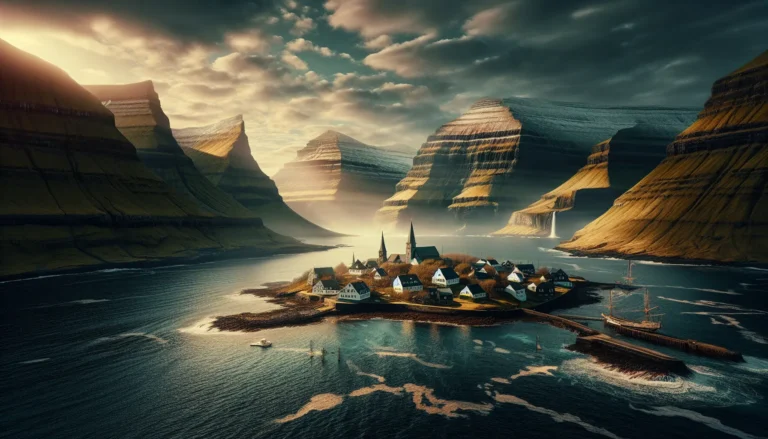 Un paesaggio mozzafiato delle Isole Faroe, con scogliere a picco sul mare e villaggi pittoreschi.