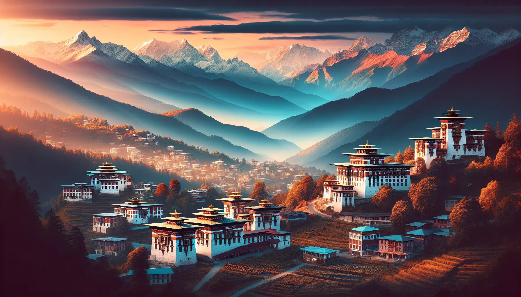Un paesaggio mozzafiato del Bhutan con montagne e monasteri, simbolo di un viaggio autentico e culturale.