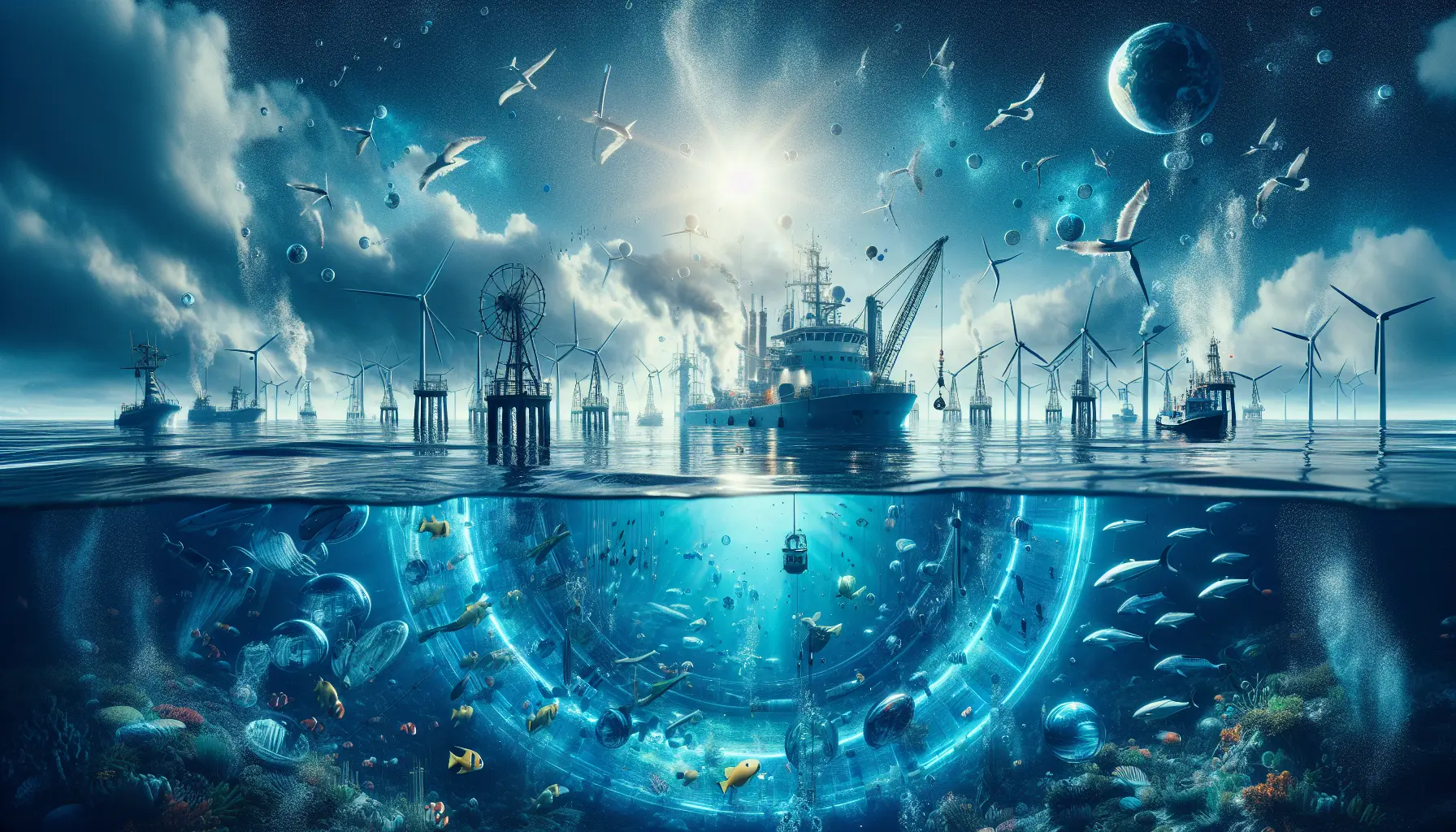 Vista panoramica di un oceano pulito con barche a vela e una costa verde, simbolo della sostenibilità e dell'economia blu.