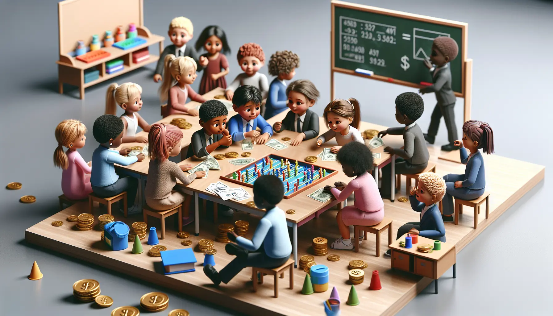 Bambini che giocano a un gioco da tavolo sull'educazione finanziaria