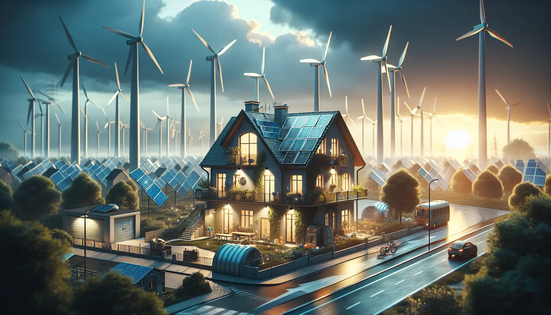 Impianto di pannelli solari su un tetto di una casa moderna, simbolo di sostenibilità e energia rinnovabile.