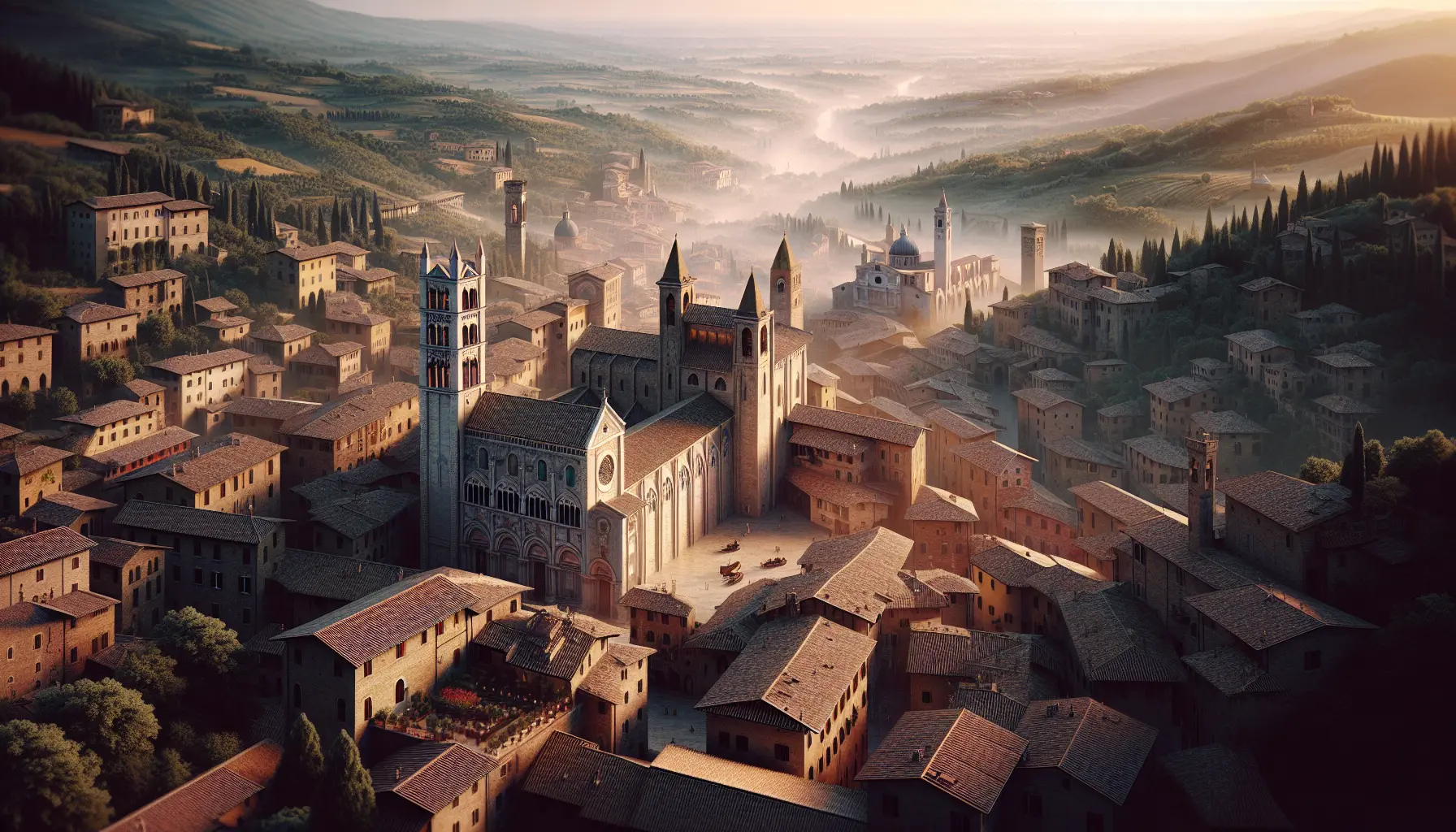 Panorama della storica città di Gubbio, con i suoi vicoli medievali e colline circostanti.