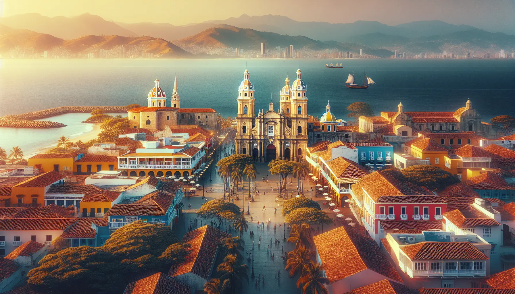 Vista panoramica di Cartagena con le sue mura storiche e il mare caraibico sullo sfondo.