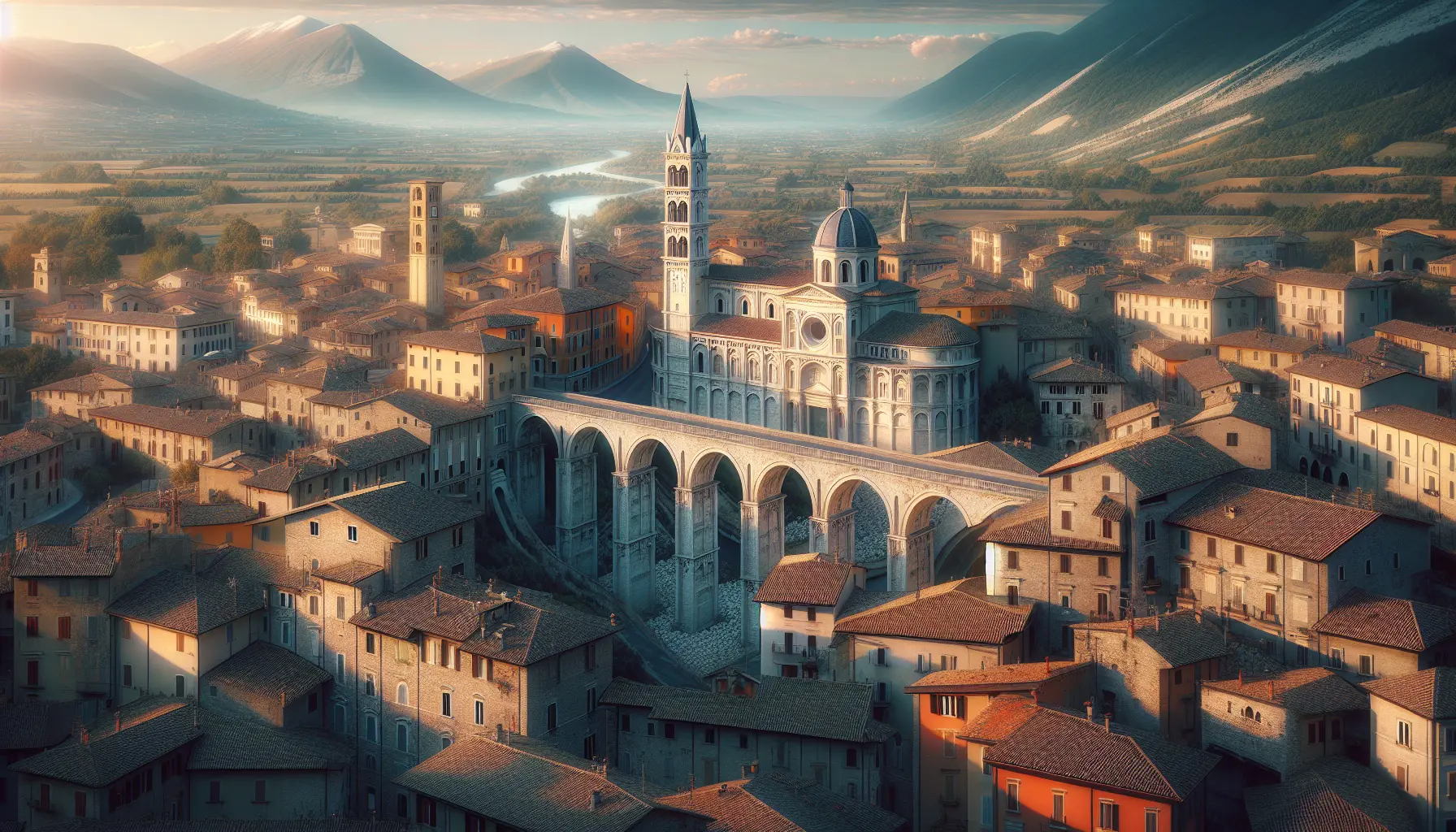 Panorama della città di Teramo con il Duomo e le montagne sullo sfondo