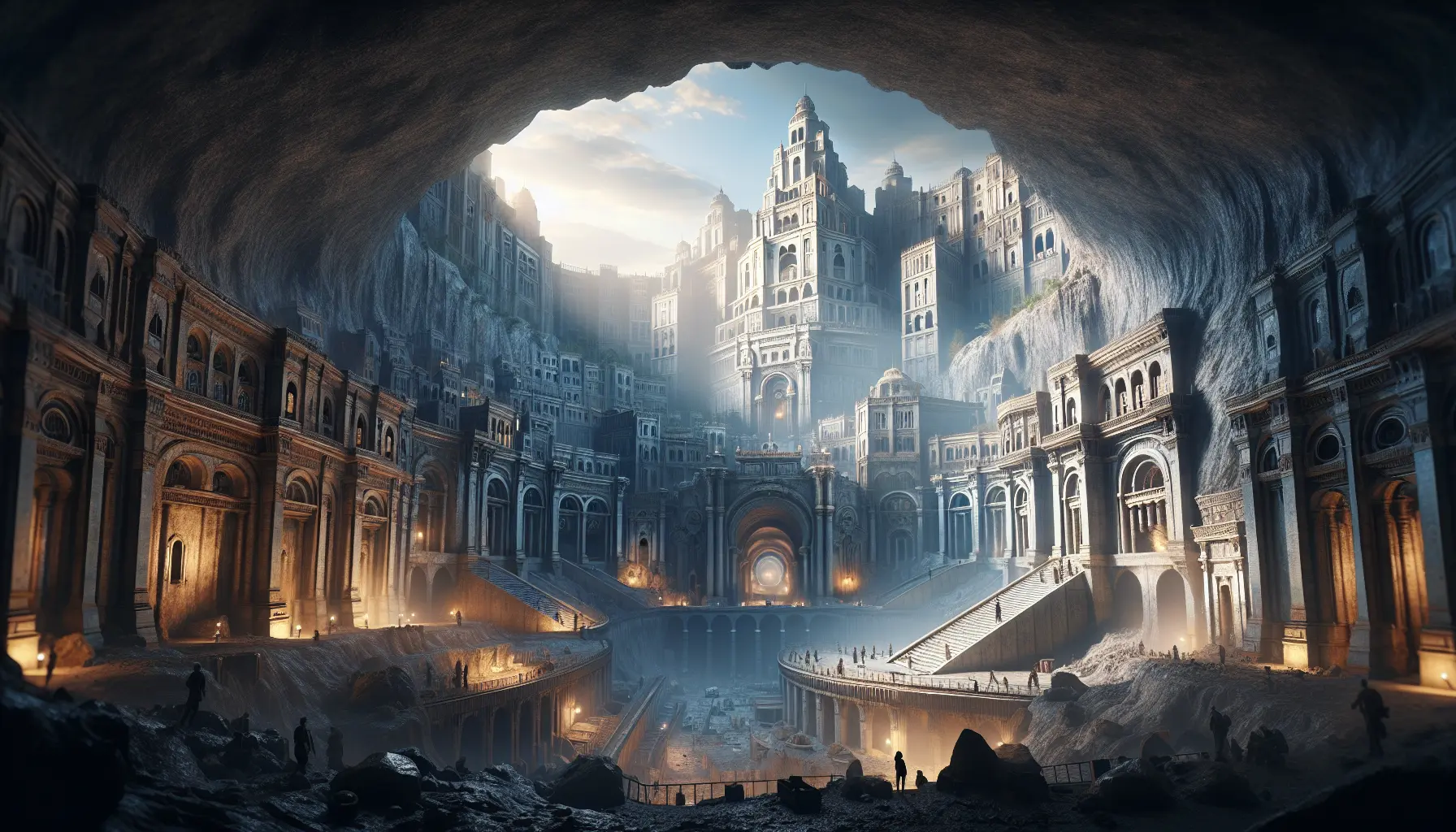 Interno di una città sotterranea con gallerie e stanze illuminate da luci soffuse