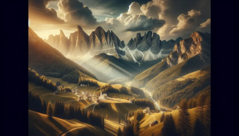 Vista panoramica delle Dolomiti in Trentino, con foreste verdi e cielo sereno.