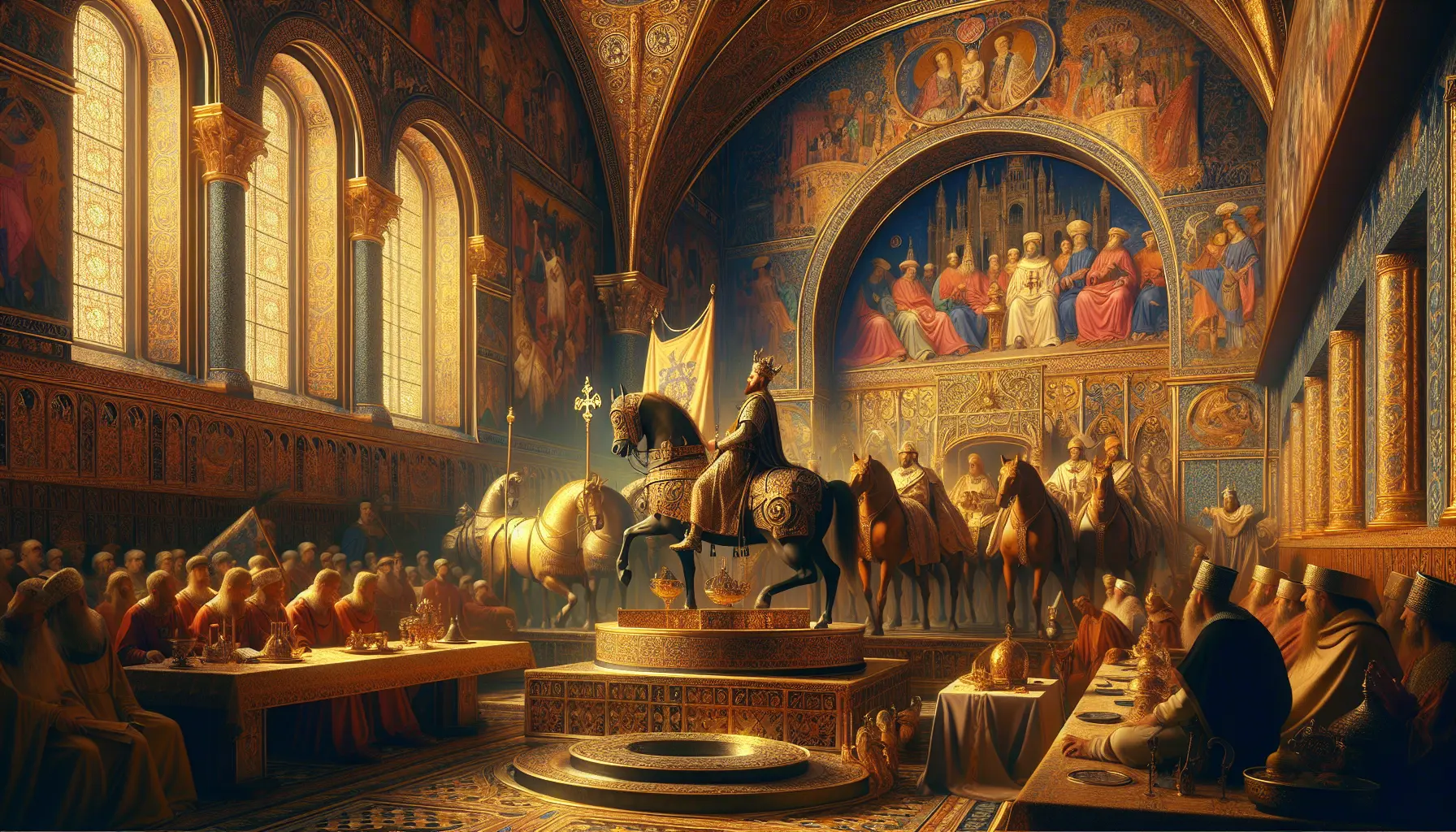 Ritratto di Federico II di Svevia, imperatore e re illuminato, con simboli di cultura e potere.