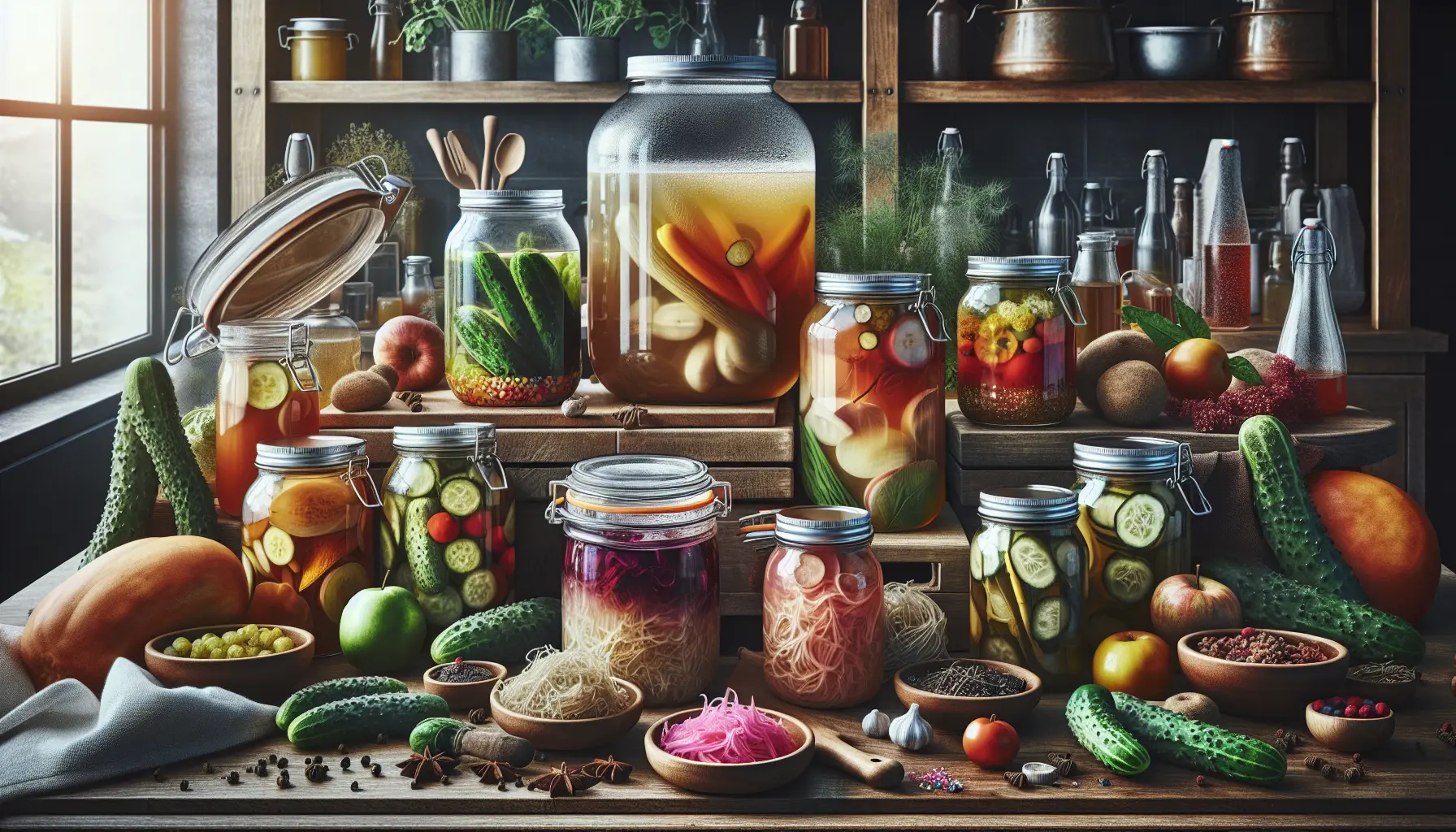 Barattoli di verdure fermentate su un tavolo di legno, con ingredienti freschi e spezie intorno.