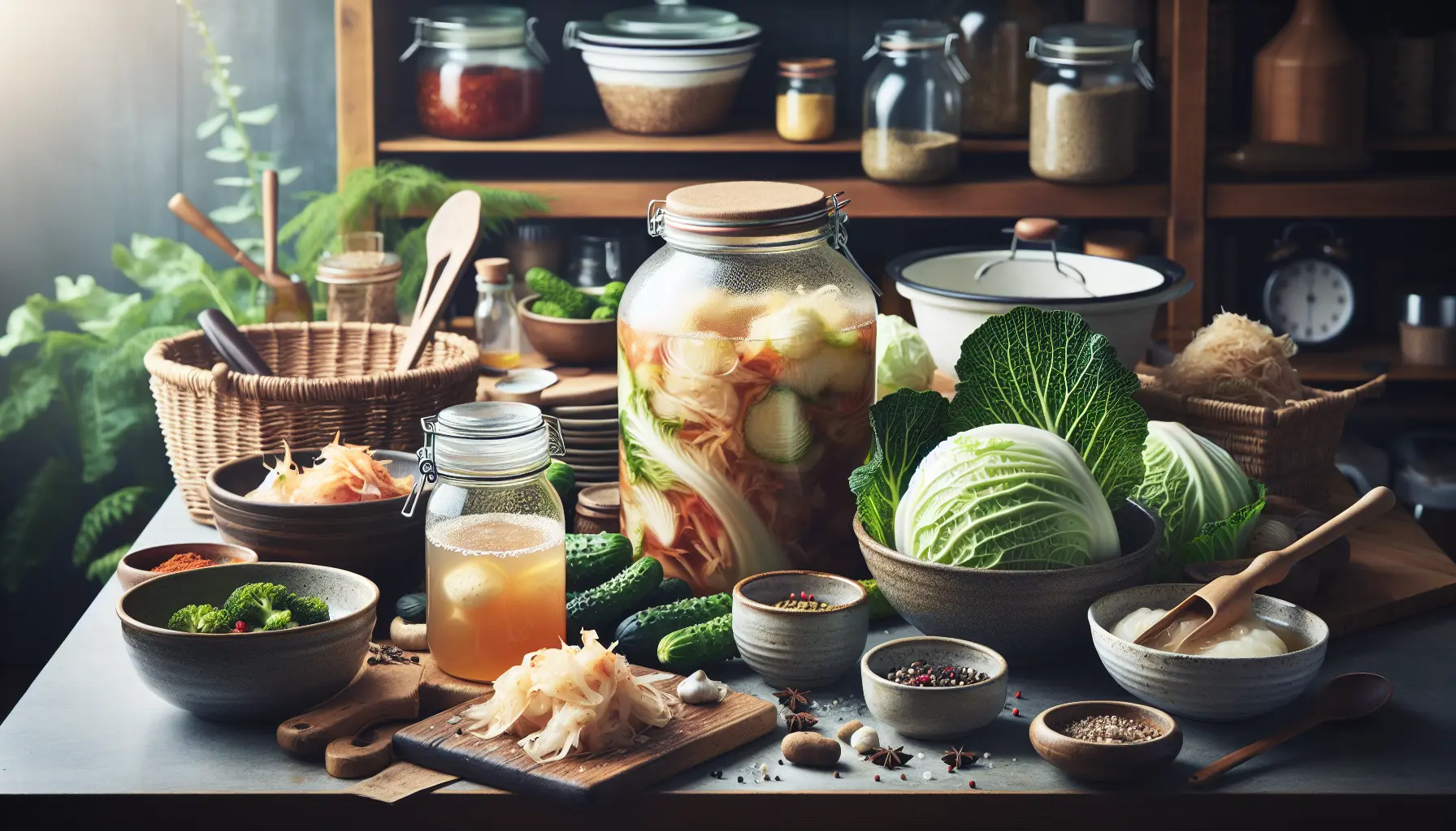 Barattoli di kimchi e bottiglie di kombucha in un ambiente domestico
