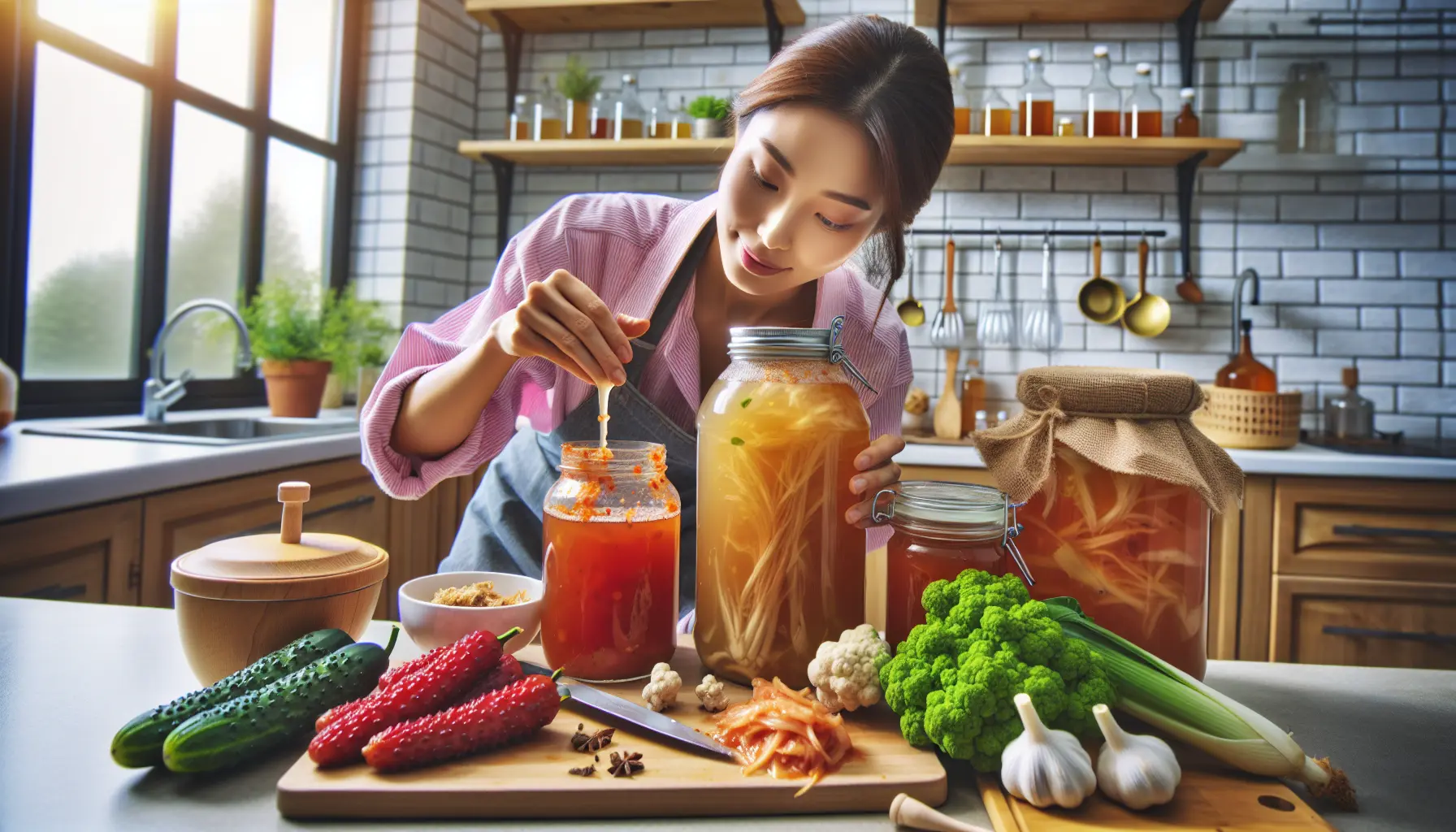 Ingredienti freschi per la preparazione di kimchi e kombucha, con barattoli di vetro e spezie sul tavolo.
