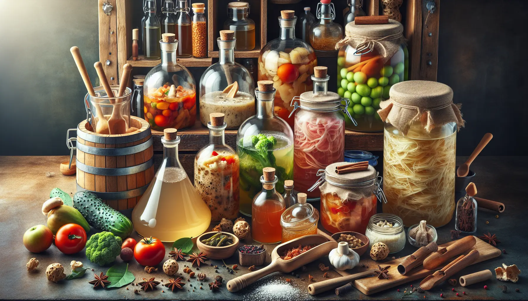Un assortimento di alimenti fermentati come kimchi, kombucha e kefir, presentati in eleganti barattoli di vetro.