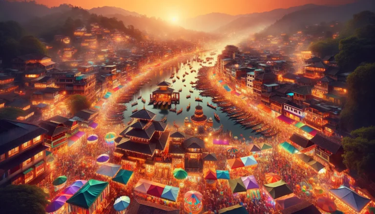 Un gruppo di persone che partecipa a un festival culturale, indossando costumi tradizionali e celebrando con danze e musica.