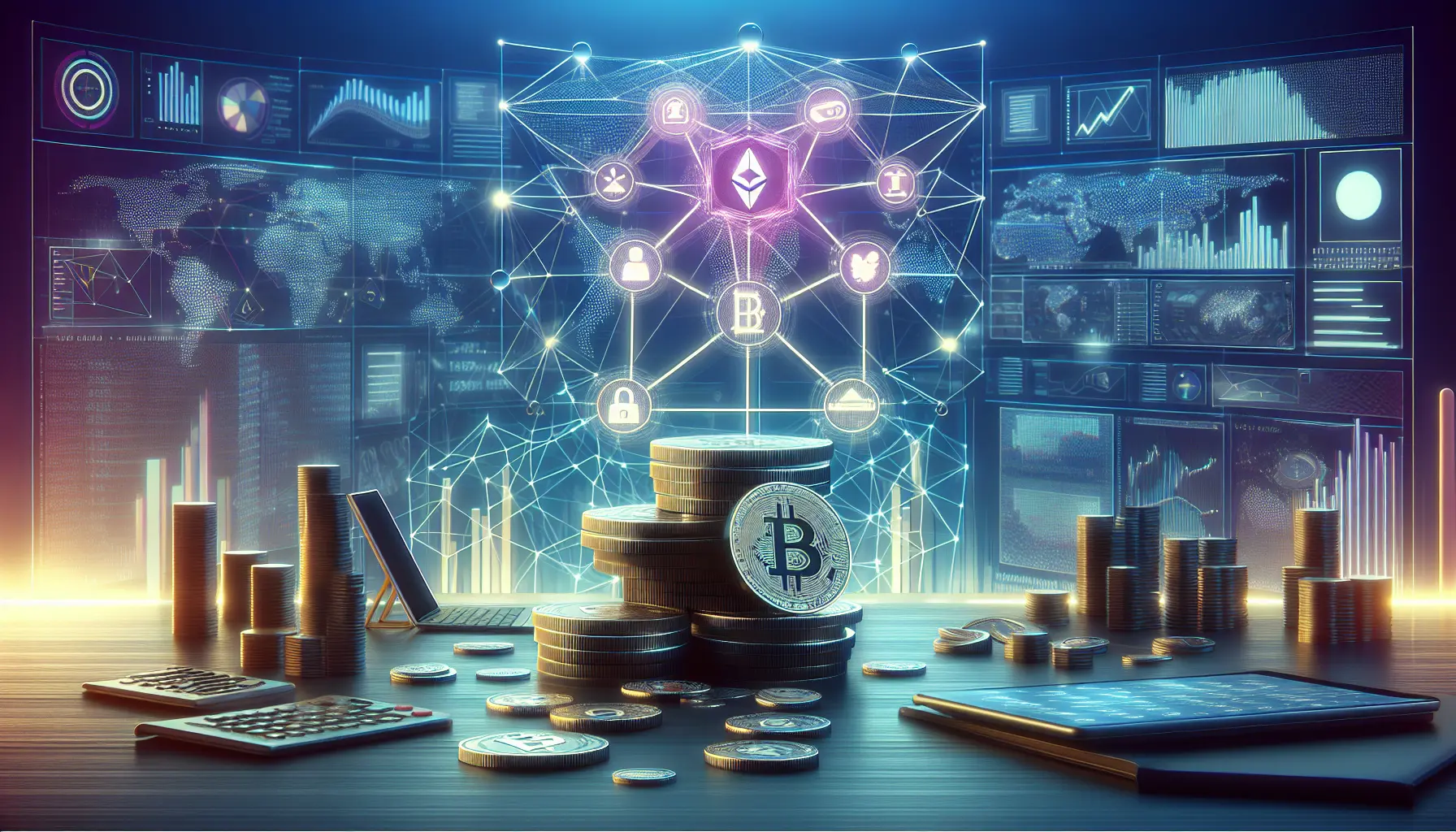 Un'immagine rappresentativa della finanza decentralizzata, con simboli di criptovalute e blockchain che simboleggiano innovazione e opportunità di investimento.