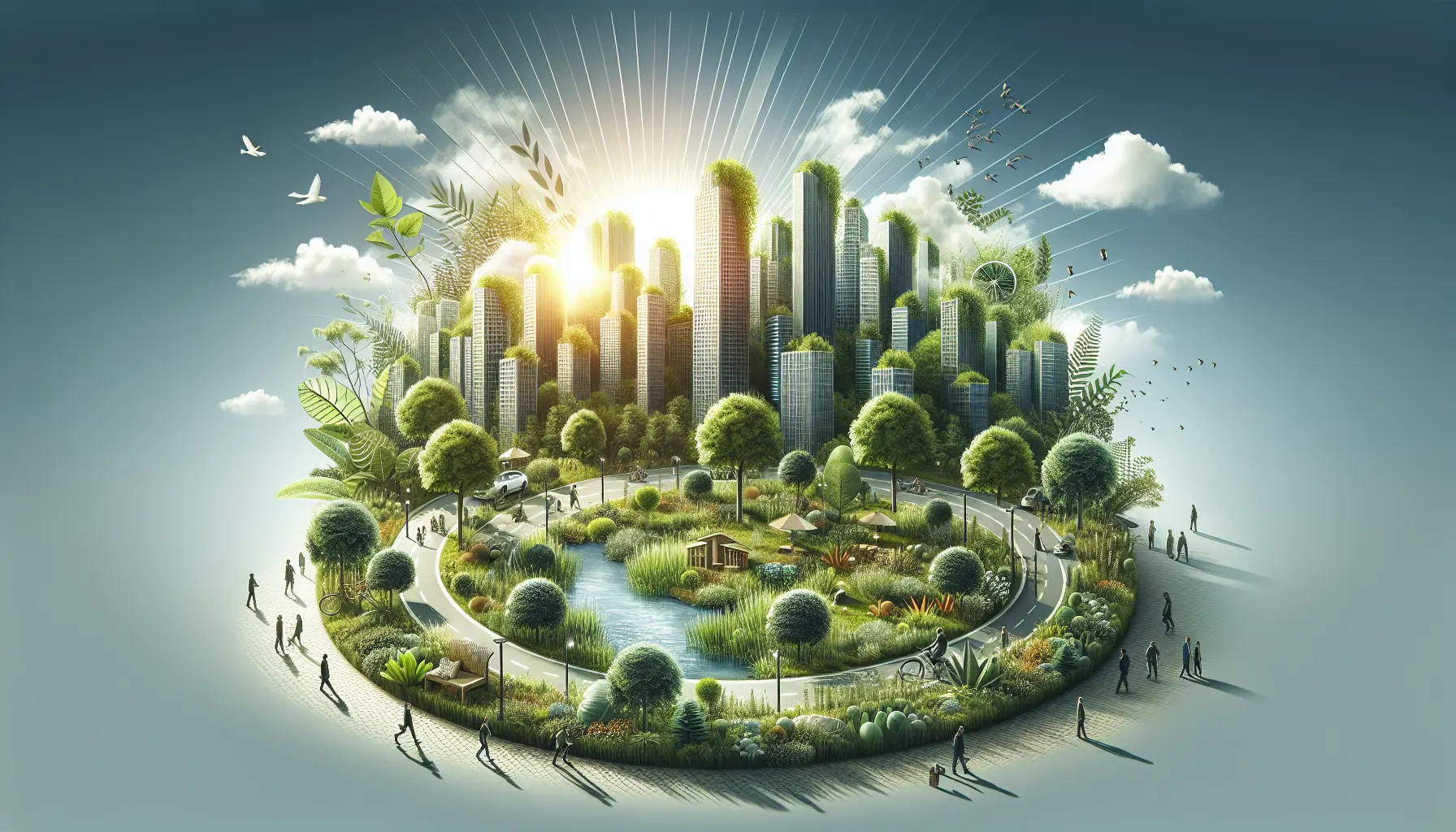 Una foresta urbana con alberi rigogliosi e spazi verdi in una città moderna.