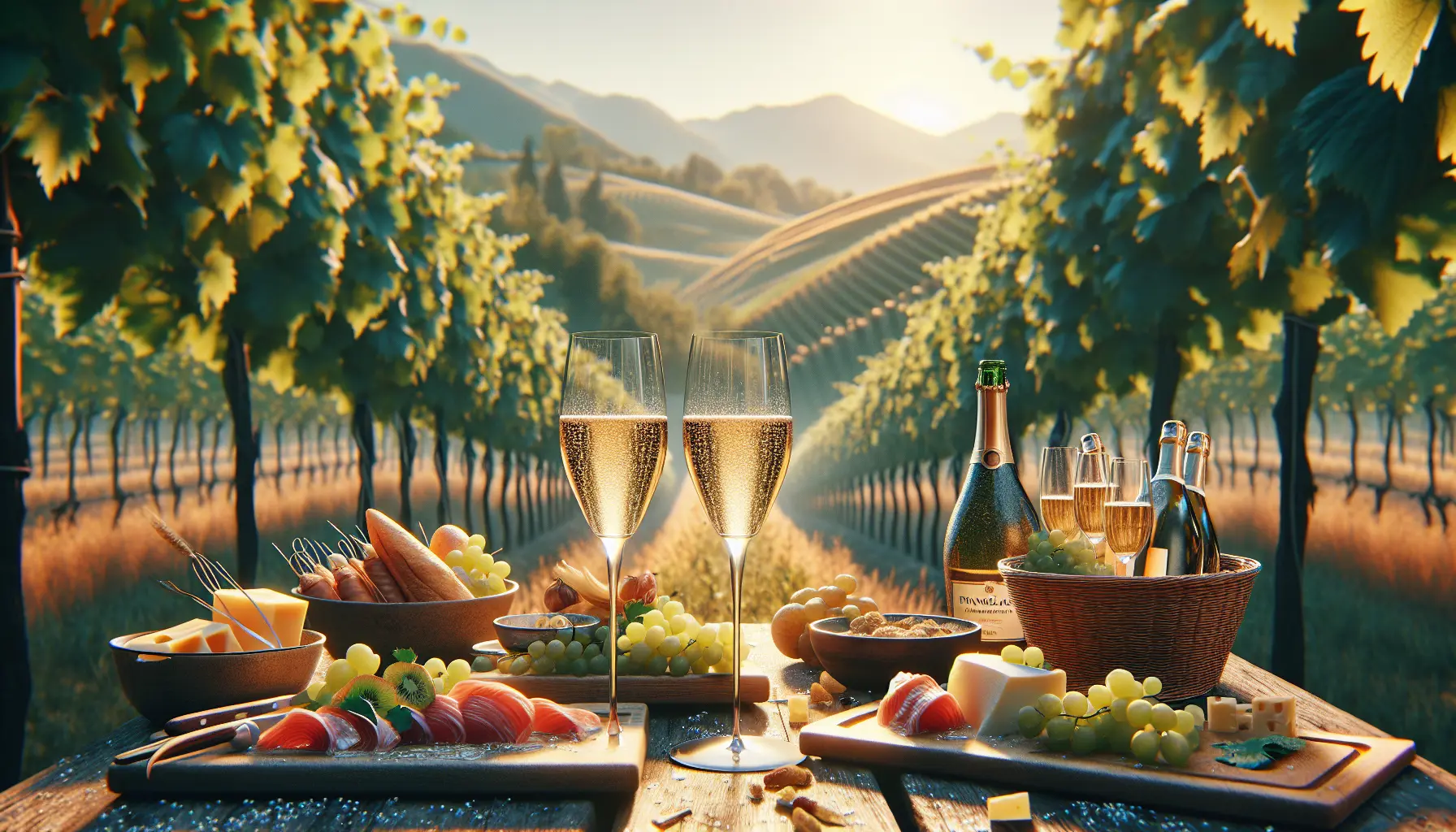 Vigneti della Franciacorta con bottiglie di vino spumante in primo piano