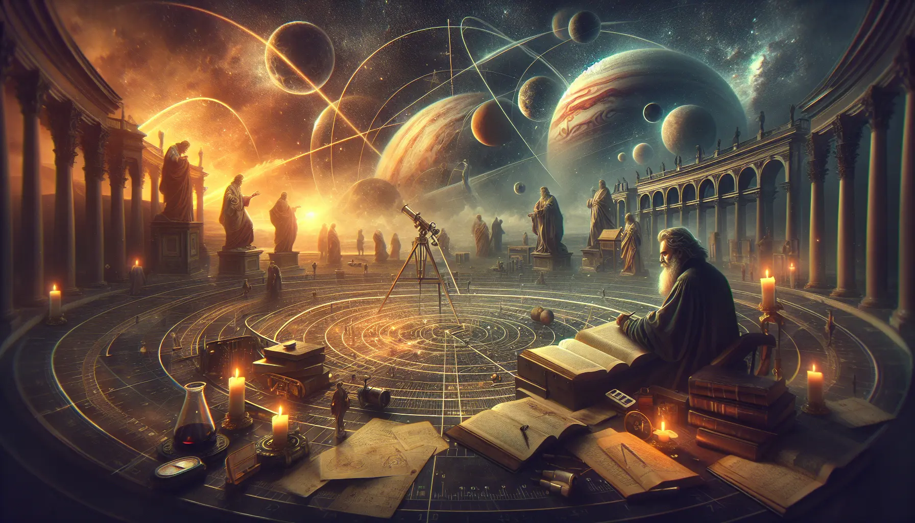Ritratto di Galileo Galilei con telescopio, simbolo delle sue scoperte astronomiche e del suo contributo alla scienza moderna.