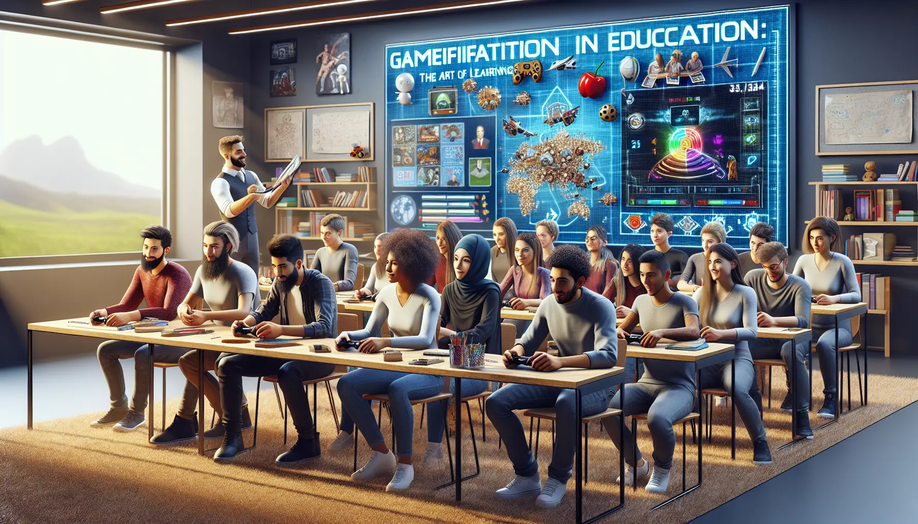 Un gruppo di studenti che interagiscono con un'app di gamification in un'aula moderna, sorridendo e collaborando.
