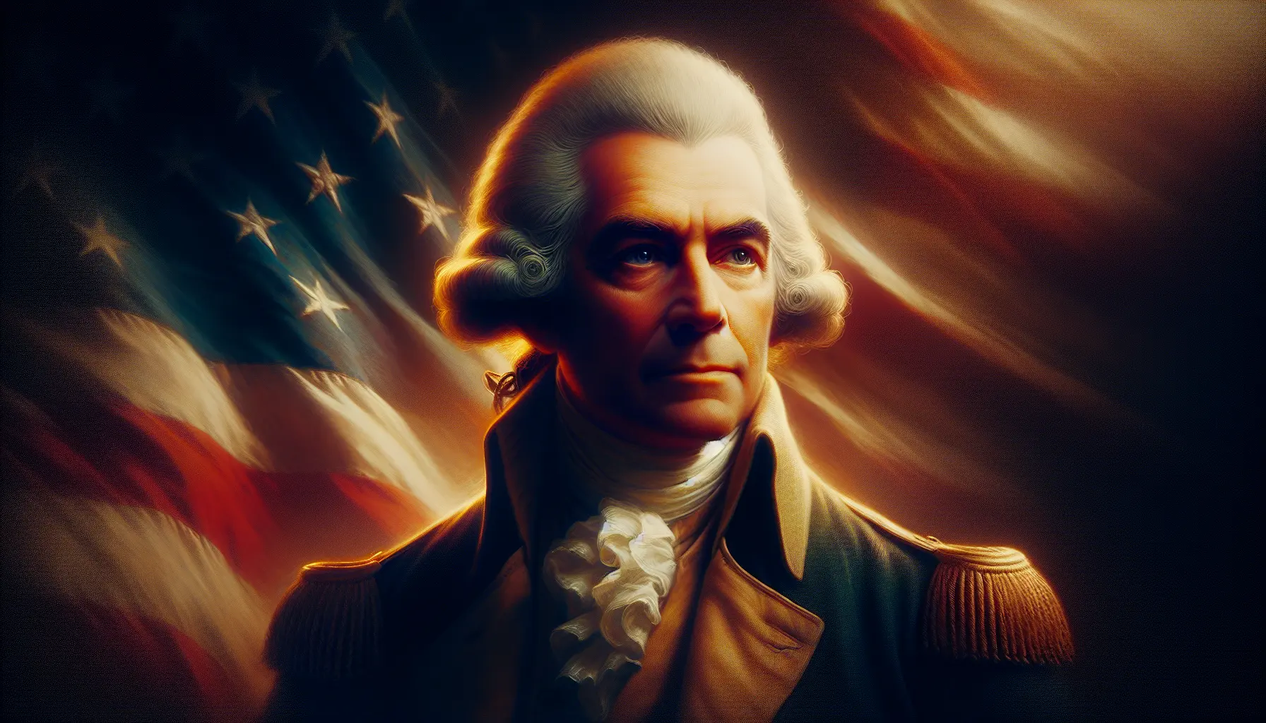 Ritratto di George Washington in uniforme militare, simbolo della lotta per l'indipendenza americana.