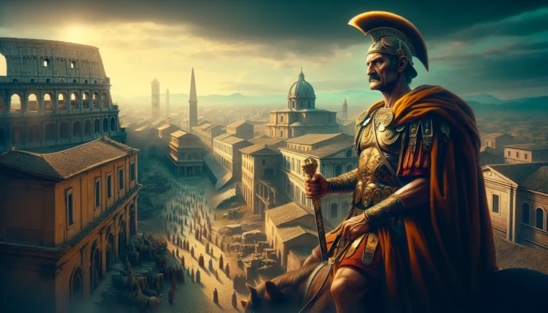 Rappresentazione artistica di Giulio Nepoziano in armatura romana, simbolo di ambizione e potere nell'antica Roma.