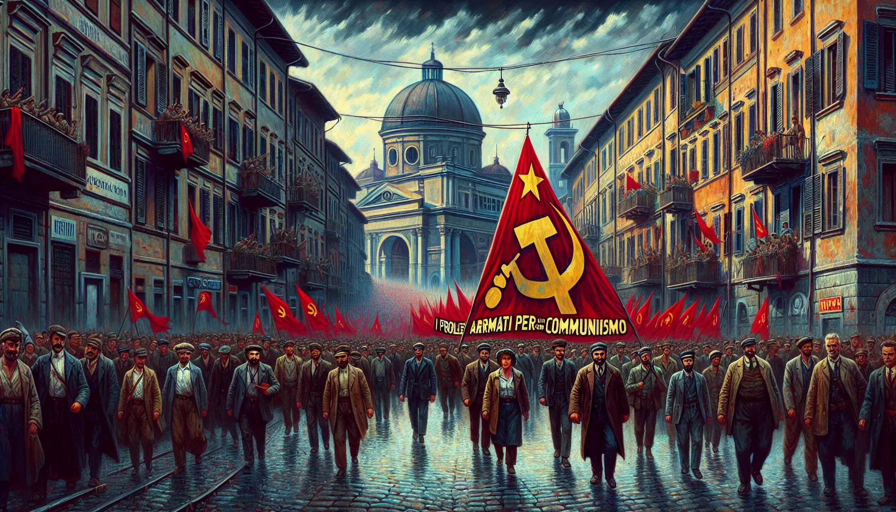 Manifestazione di protesta durante gli anni di piombo in Italia, rappresentativa delle tensioni sociali e politiche dell'epoca.