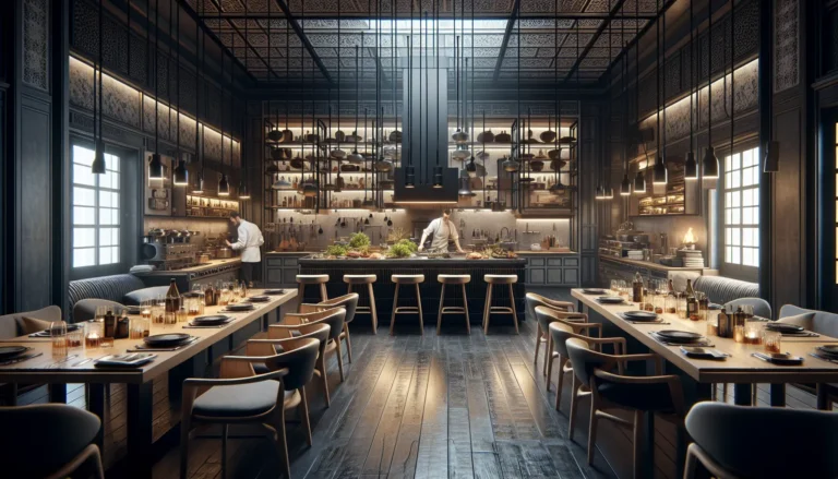 Un ristorante dark con chef al lavoro in cucina, piatti gourmet pronti per la consegna.