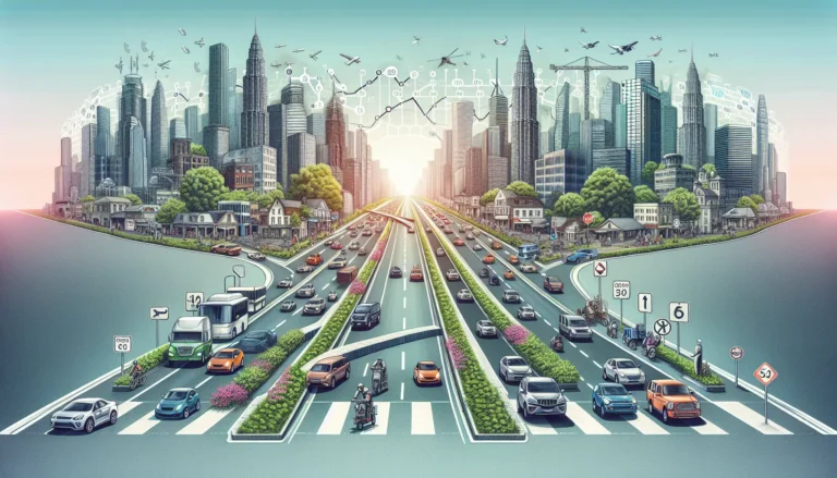 Un'immagine che rappresenta la sicurezza stradale con veicoli e pedoni in un contesto urbano.