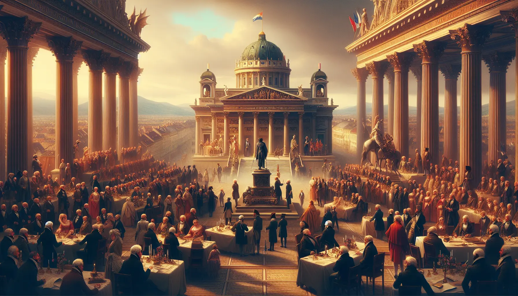 Rappresentazione del Congresso di Vienna con leader europei che discutono attorno a un tavolo