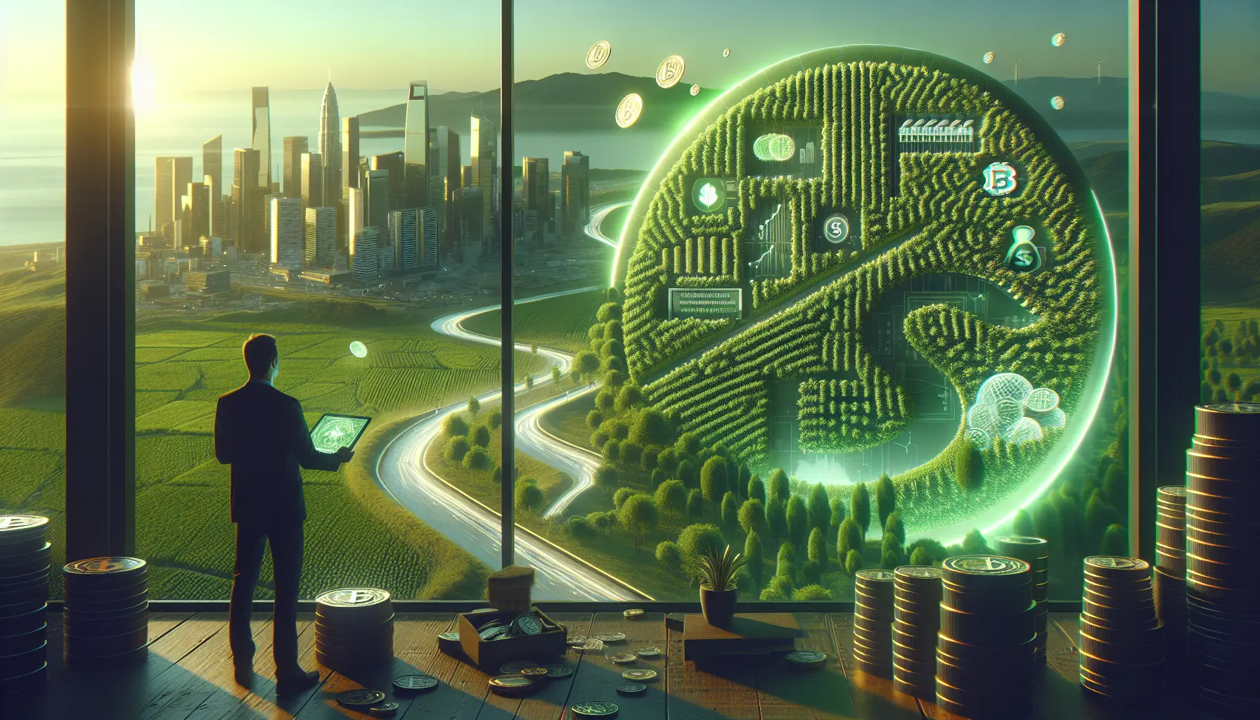 Un paesaggio verde con simboli di criptovalute, rappresentando la fusione tra sostenibilità e tecnologia.