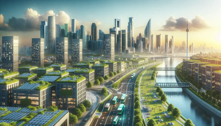 Una città moderna e sostenibile con spazi verdi, mezzi di trasporto elettrici e tecnologie innovative.