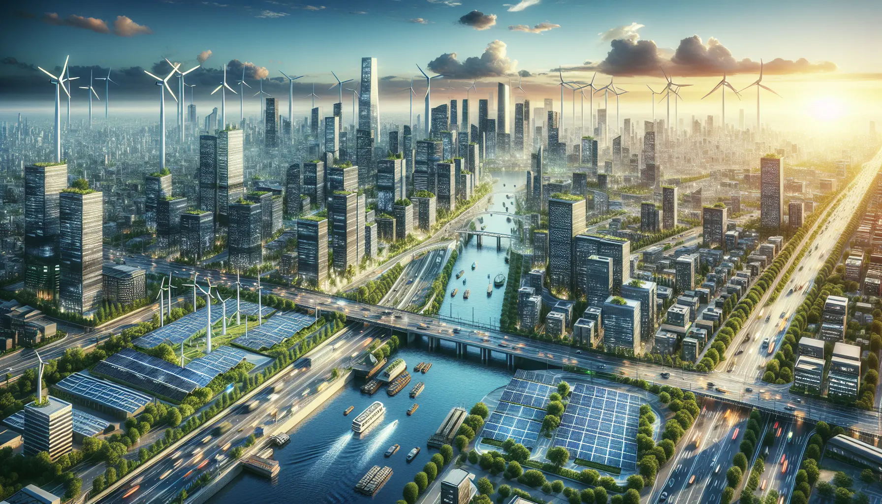 Un panorama urbano con edifici moderni dotati di pannelli solari e spazi verdi, rappresentante l'idea di città intelligenti e sostenibilità.