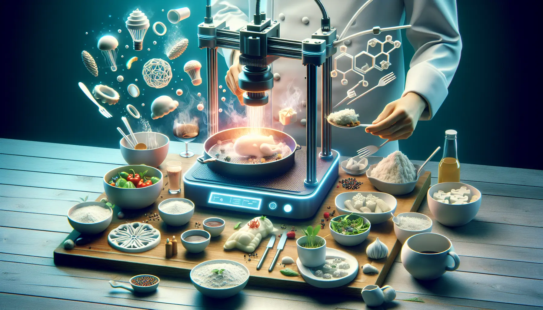 Esempio di piatto gourmet stampato in 3D con forme elaborate e colori vivaci.