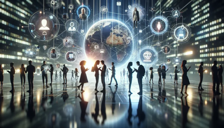 Due persone che comunicano in un ambiente naturale, con smartphone in mano, simboleggiando il contrasto tra connessione digitale e interazione umana.